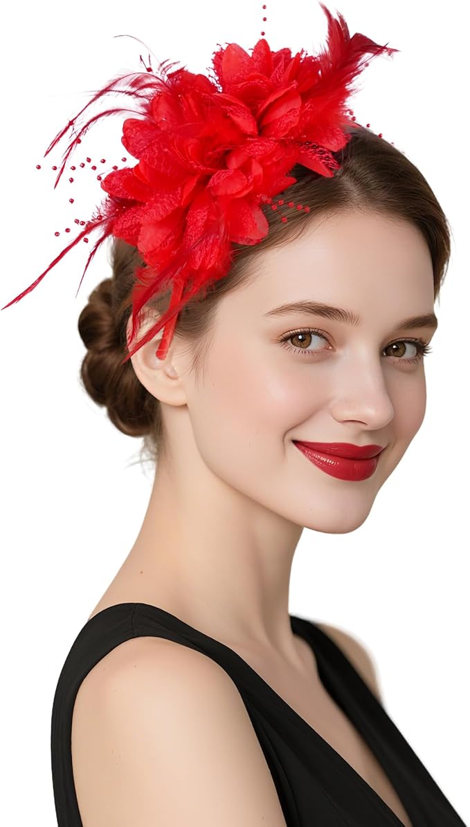 Womens Fascinators Hats Tea Party Hats for Women, Feather Pearl Veil Headband for Wedding Cocktail Dresses Accessories