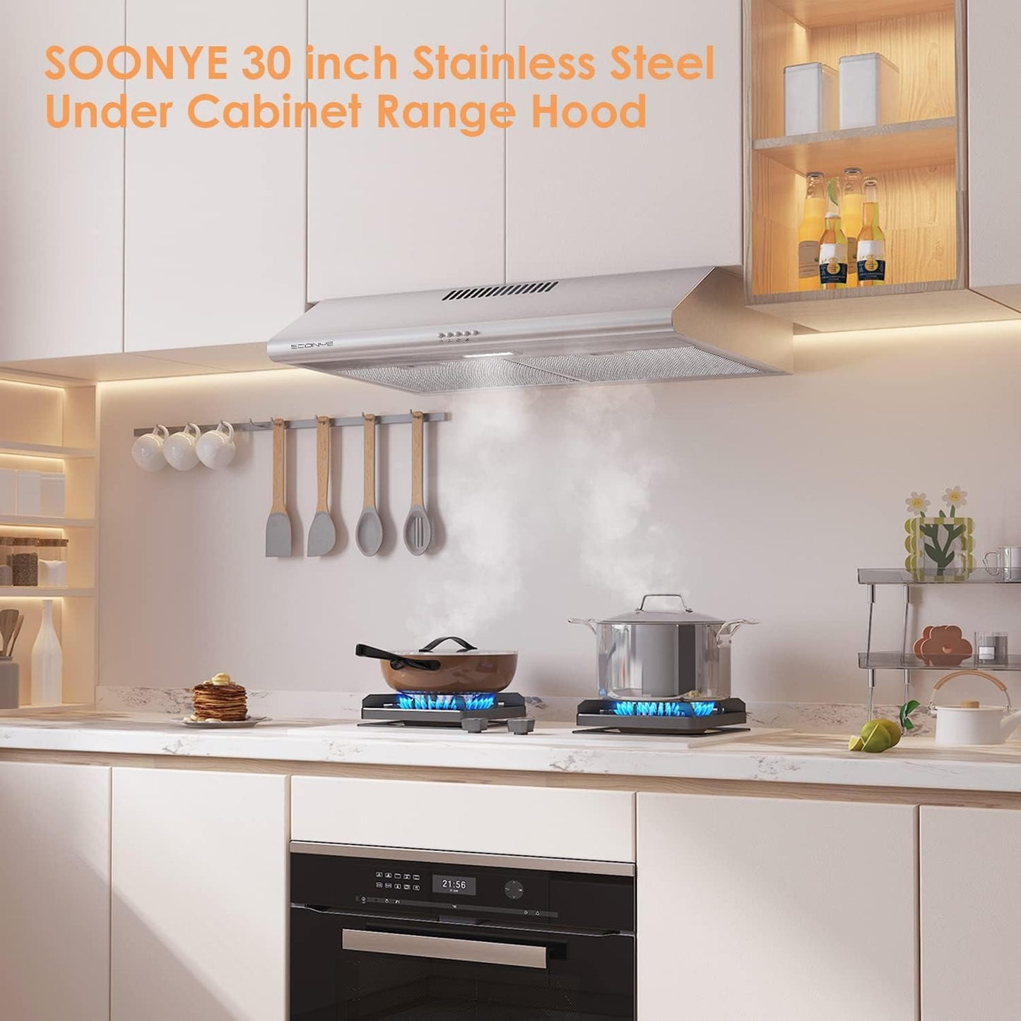 SOONYE 30 inch Stainless Steel Under Cabinet Range Hood, Slim Kitchen Vent Hood Ducted/Ductless Convertible with 3 Speed Controls, 5-Layer Aluminum Filters,LED Lights