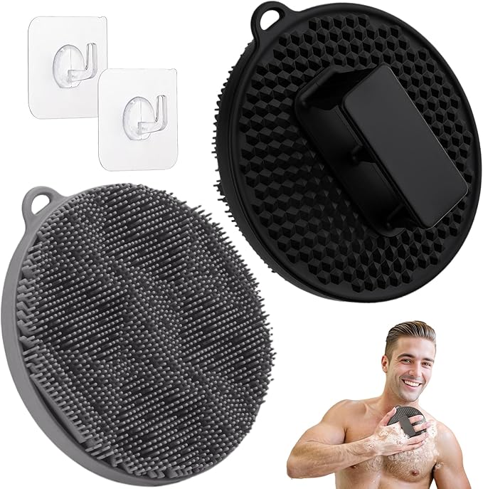 Silicone Body Scrubber 2PCS, Exfoliating Body Scrubber Shower Scrubber with Dense Bristles and Comfort Handle, Silicone Loofah Body Buffer for Good-Lathering & Deep-Cleansing(Black+Gray)