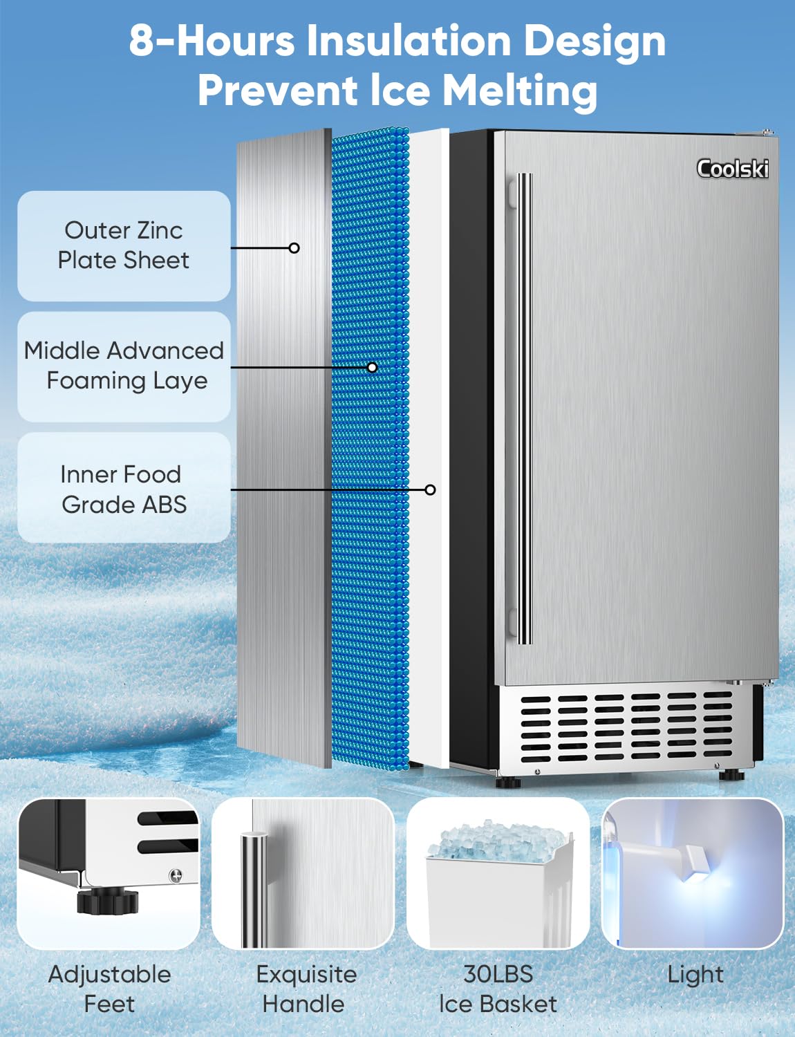 Coolski 130Lbs/ Day Under Counter Ice Maker Machine, Stainless Steel Built-in Freestanding Ice Maker with 30LBS Ice Storage, Perfect for Commercial & Home Use, 15 Inch Wide