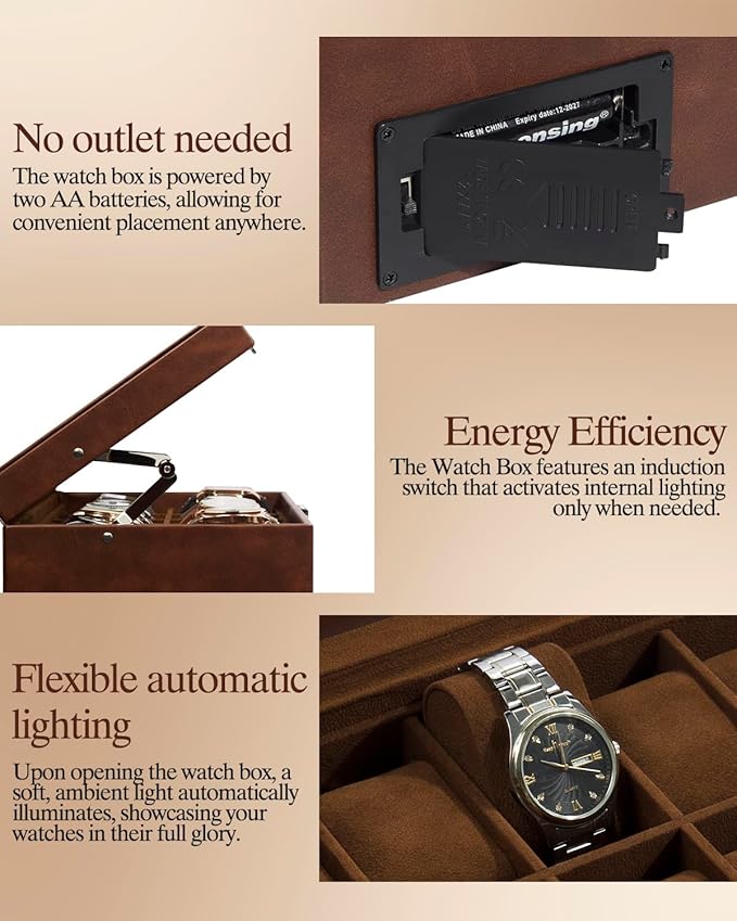 GUKA Watch Box 12 Slot Watch Display Organizer Leather Jewelry Case Drawer Glass Birthday for Men Women, Child Husband Dad GK-012-BROWN-LED-24