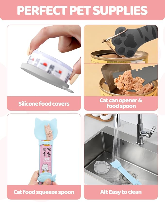 5 PCS Cat Food Can Covers Lids Set, Silicone Pet Food Can Lids with Multi-Function Cat Food Spoon and Opener, Cat Bar Squeezer, Stainless Steel Wet Food Spoon for Cats and Dogs (Grey)