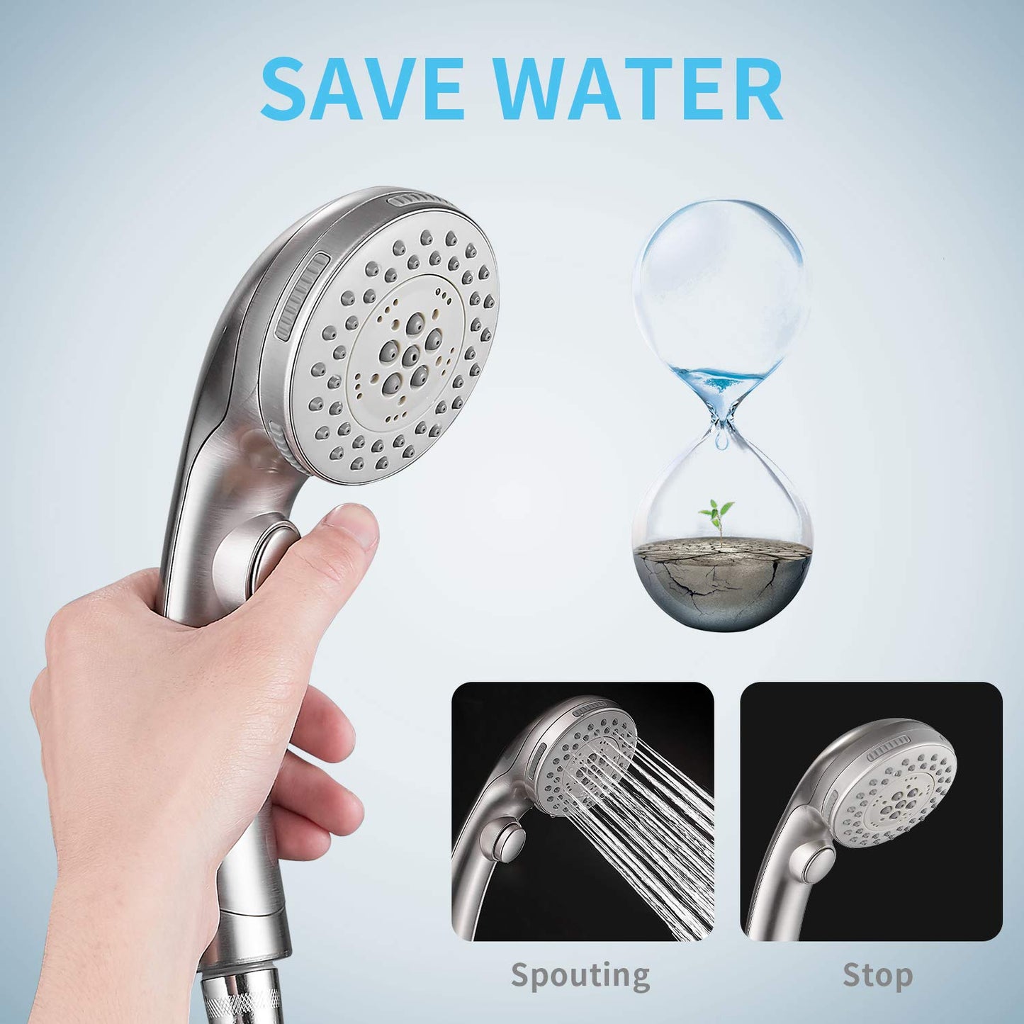Shower Head, High Pressure 6 Setting Shower Head Hand-Held with ON/OFF Switch and Spa Spray Mode - Shower Heads with Handheld Spray High Pressure - Brushed Nickel