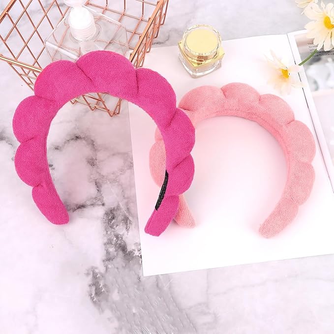 AMCAMI Puffy Spa Headband for Women Sponge Headbands for Girls 2 PCS Terry Towel Cloth Fabric Head Band for Skincare,Makeup Removal,Face Washing,Facial Mask,Shower,Hair Accessories（Red&Light Pink）