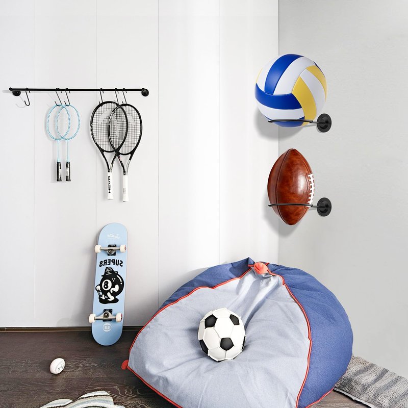 Suchek Metal Ball Holder Rack Wall Mounted, Display Wall Storage for Soccer, Basketball, Volleyball, Rugby, Football (2 Pieces, Black)
