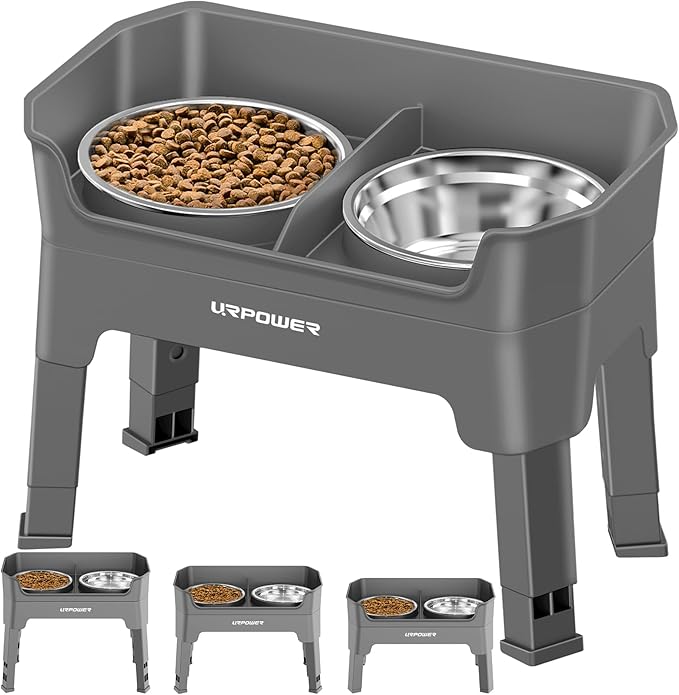 URPOWER 3-in-1 Elevated Dog Bowls - Mess Proof Double Deck 4 Height Adjustable Raised Stand with 2 Stainless Steel Food Bowls and Licking Plate for Small Medium & Large Dogs