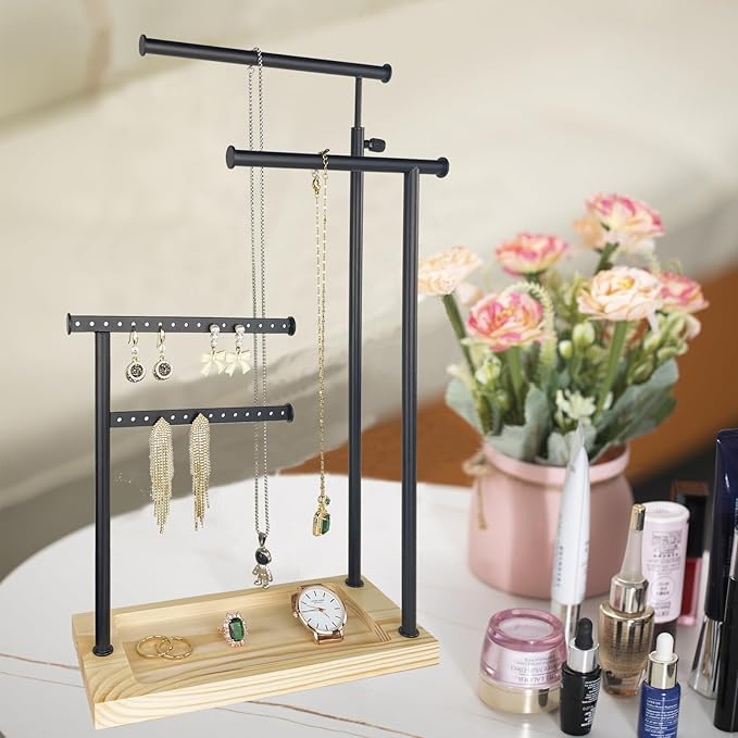 Premium Jewelry Stand, 4-Tier Storage Necklace Holder Stand, Earring Holder AdjustableTall 20I N (Max), Jewelry Organizer for Necklace, Bracelet, Earring, Black