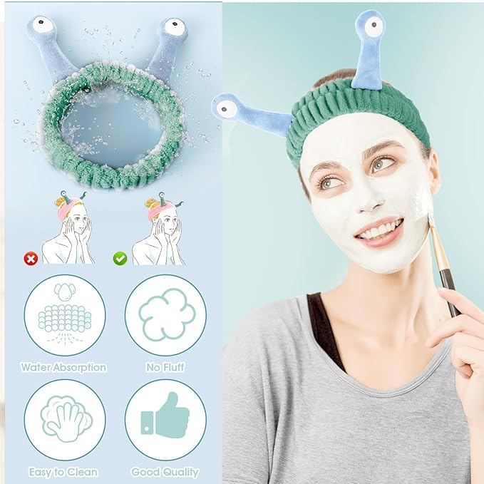 Face Wash Headband, Palm and Snail Spa Hair Bands Makeup Headbands Women Cartoon Cute Coral Fleece Elastic Headband Creative Hair Accessories for Washing Face Shower Sports (Blue and Green)