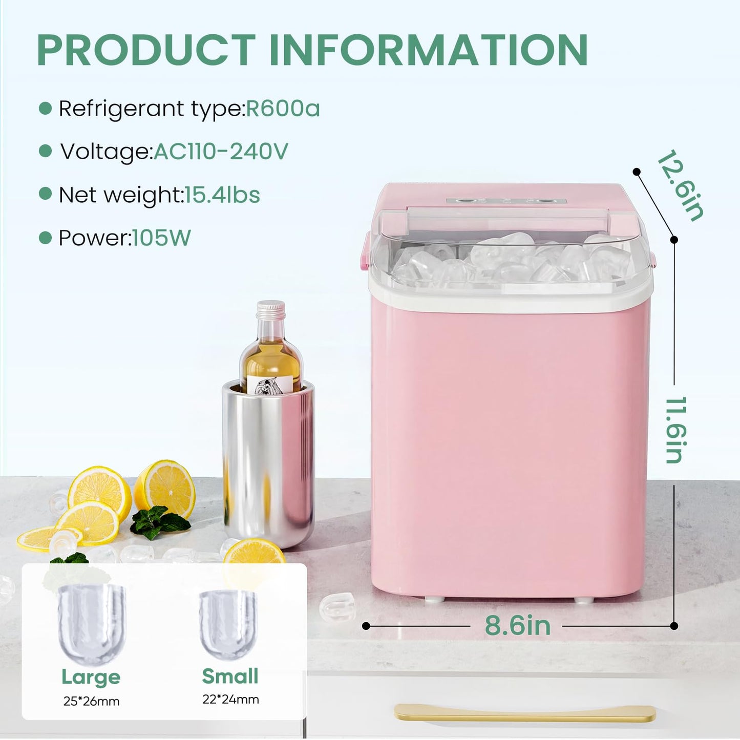 KMFurnila Ice Makers Countertop, Portable Ice Machine with Handle, 6 Mins 9 Bullet Ice Cubes with Basket and Scoop, 26lbs in 24Hrs, Auto-Cleaning, for Home, Kitchen, RV, Camping, Pink
