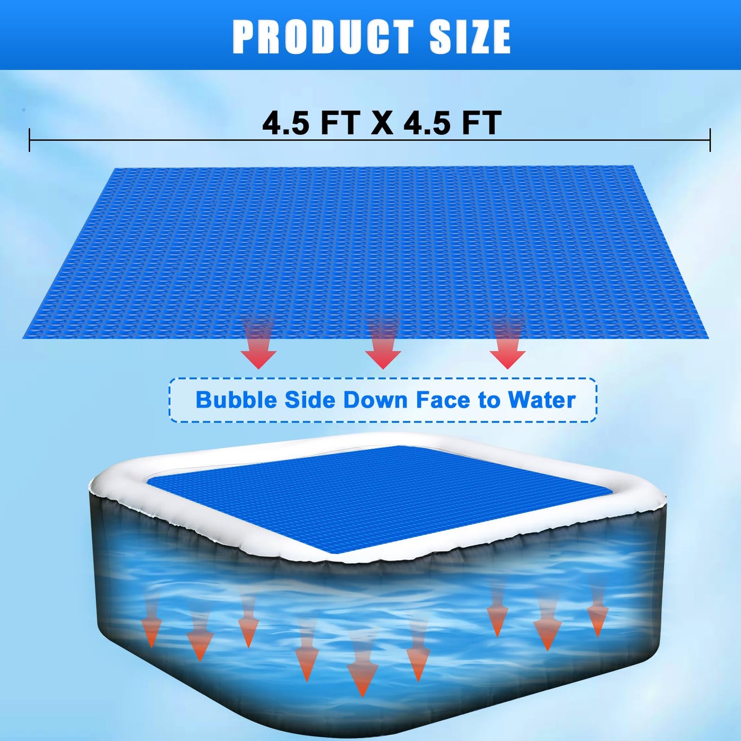 Kakolvan Solar Bubble Hot Tub Spa Cover for 4.5 x 4.5 FT Square Inflatable Swimming Pool Blanket Thermal Floating Insulation 16 Mil Bubble Solar Covers for Indoor Outdoor Spa Hot Tub Wrap Covers