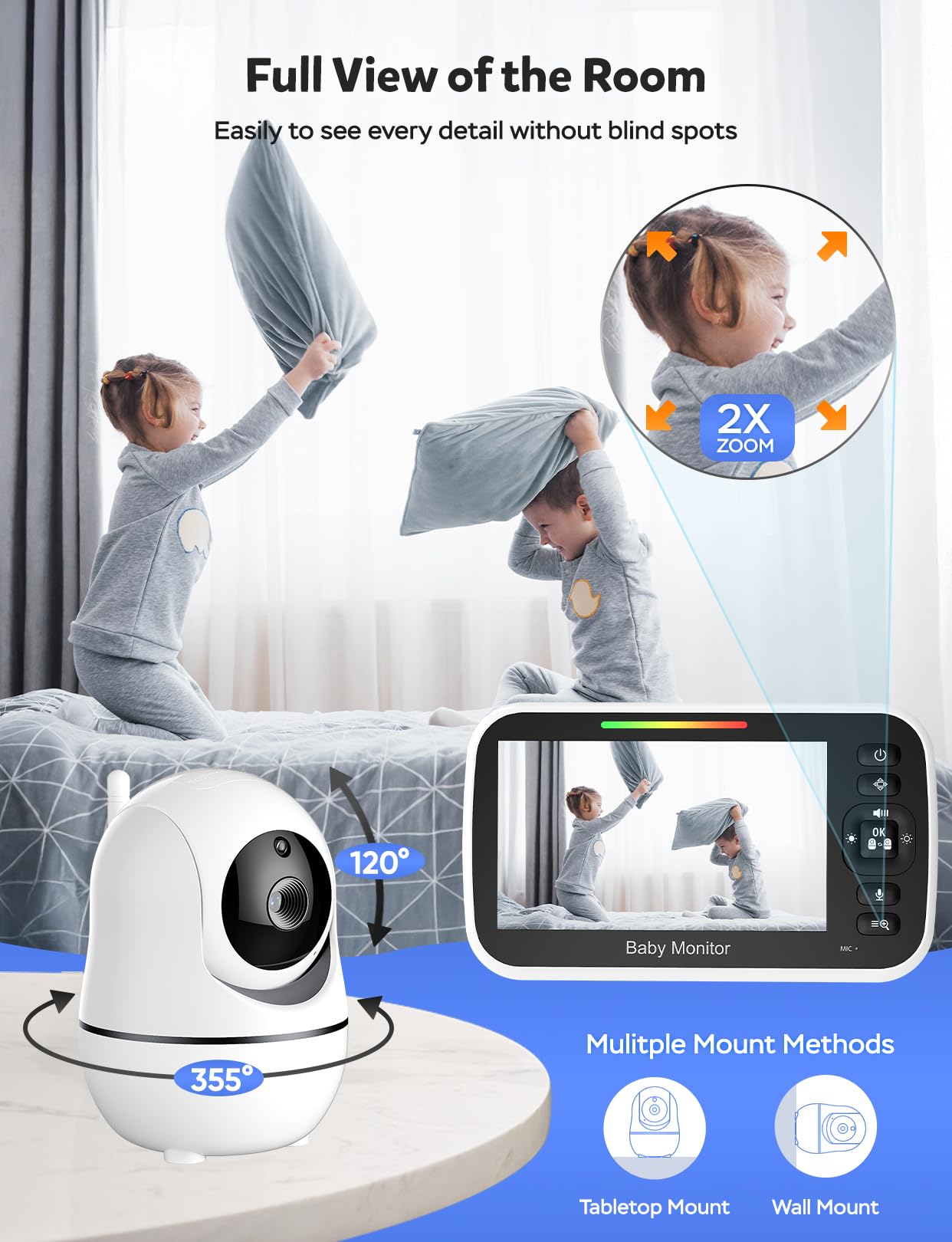 GoodBaby 5" Baby Monitor with Camera and Audio, No WiFi Secure Camera, 30-Hour Battery, Remote PTZ, Auto Night Vision, Room Temperature, Two-Way Audio，Lullabies，960 ft Range