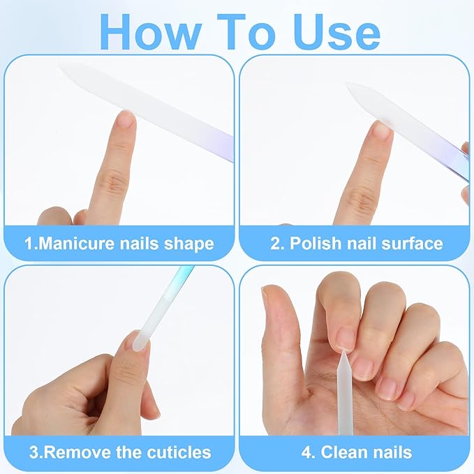 4 Pcs Glass Nail File and Cuticle Pusher Set, Gradient Blue Double Sided Crystal Nail Buffers for Natural Nails and Acrylic Nails Manicure Pedicure Tools