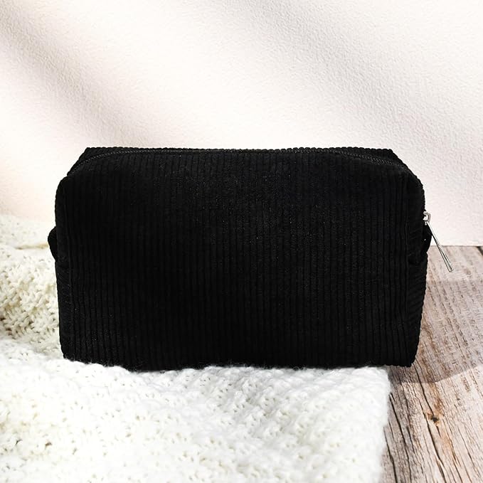 SOIDRAM 2 Pcs Corduroy Makeup Bag Large Cosmetic Bag Toiletry Bag Makeup Pouch Travel Bag Organizer Cute Makeup Brushes Aesthetic Accessories Storage Bag for Women Black