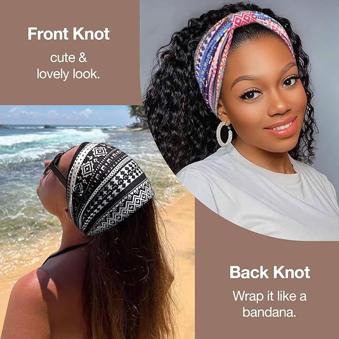 Awumbuk Wide Headbands for Women Knotted No Slip Head Bands Soft Turban Headband Hair Accessories Boho African Solid Color Head Wraps for Women Yoga Workout Pack of 6 (Retro)