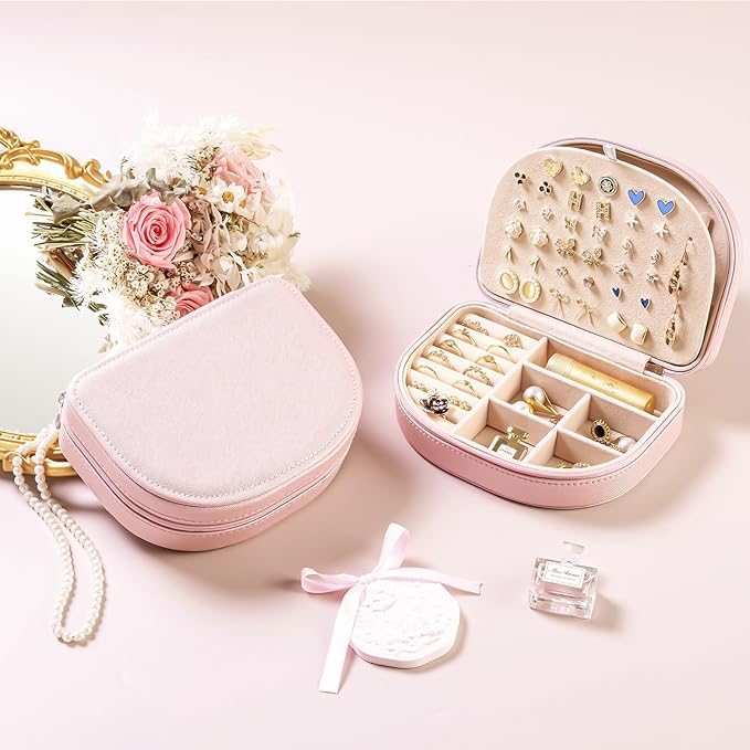 ProCase Travel Size Jewelry Box, Medium Portable Seashell-Shaped Jewelry Case, 2 Layer Jewelry Organizer in PU Leather for Women -Glossy Pink