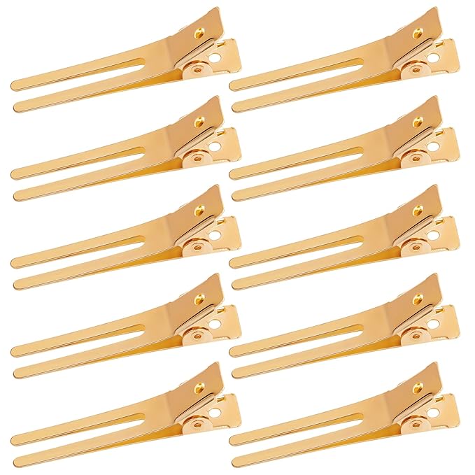 Wobe 1.8" Hairdressing Double Prong Curl Clips, 50pcs Metal Alligator Clips Hairpins for Hair Bow Great Pin Curl Clip, Styling Clips for Hair Salon, Barber (Gold)