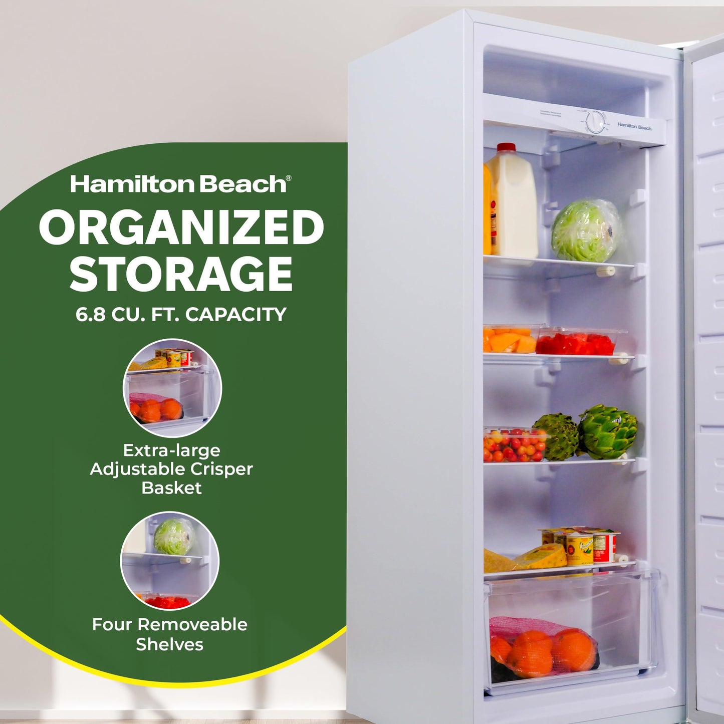 Hamilton Beach HBFRF6892-WHITE HBFRF6892 Upright Convertible Fridge/Freezer-Reversible Door-Removable Glass Shelves-Adjustable Controls-6.8 cu ft, White