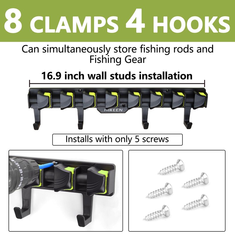 Fishing Rod Holders, Wall Mounted Fishing Rod Rack, Fishing Pole Holder Holds Up to 8 Rods or Combos, Fishing Rod Holders for Garage with 4 Hooks, Fits Most Rods of Diameter 3-24mm