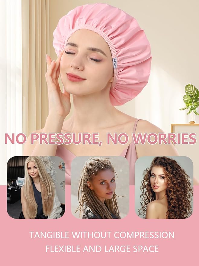 Years calm Shower Caps for Women Reusable Waterproof, Double Layer Waterproof Fabric - Both Sides Usable, Reversible Pattern & Solid Color Design, Soft Elastic Keeps Hair Dry for shower Spa Travel