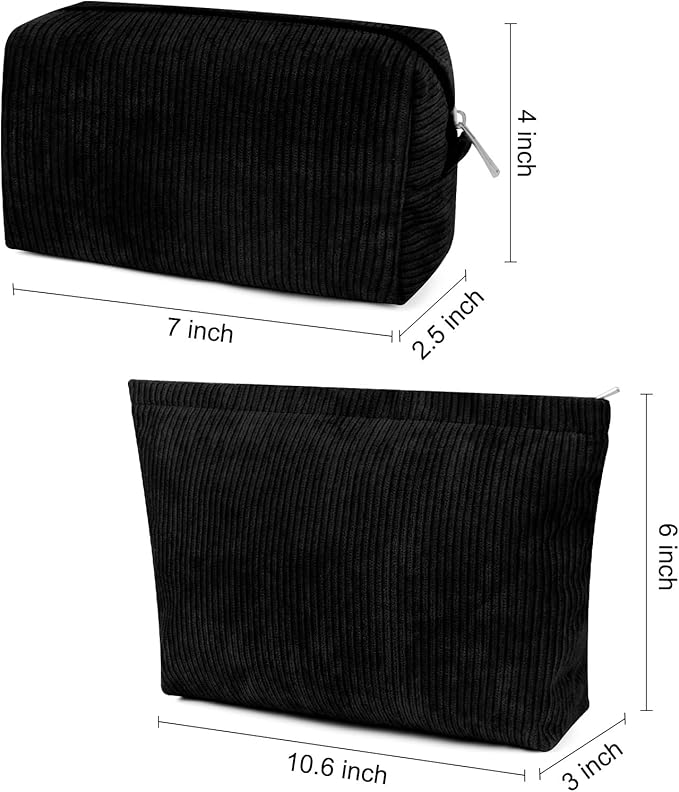 SOIDRAM 2 Pcs Corduroy Makeup Bag Large Cosmetic Bag Toiletry Bag Makeup Pouch Travel Bag Organizer Cute Makeup Brushes Aesthetic Accessories Storage Bag for Women Black