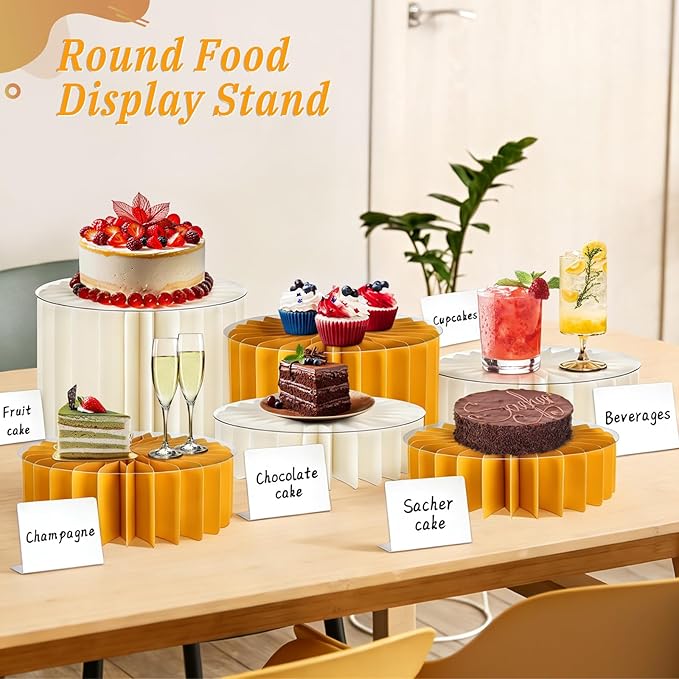 6Pcs Buffet Risers, Food Risers for Table, Foldable Cake Display Stands, Tall Cardboard Cupcakes Stand for Show Catering Desserts Jewelry Wedding Birthday Party Decoration (Yellow White)