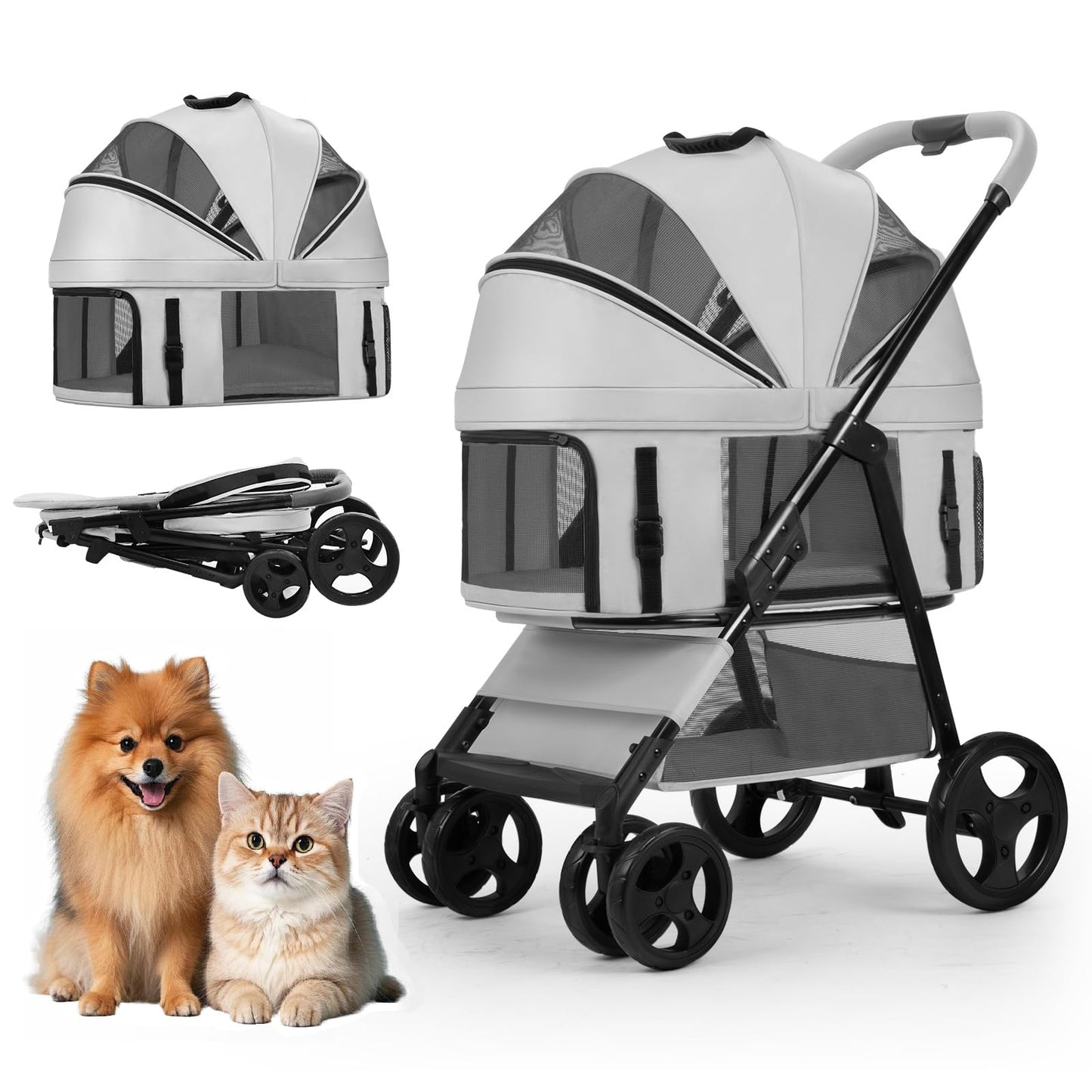4 Wheels Pet Stroller for Small/Medium Dogs and Cats,Dog Stroller with Detachable Carrier and Storage Basket,One Click Folding,Compact Portable,Up to 50lbs,3 in1 Multifunctional(Grey)