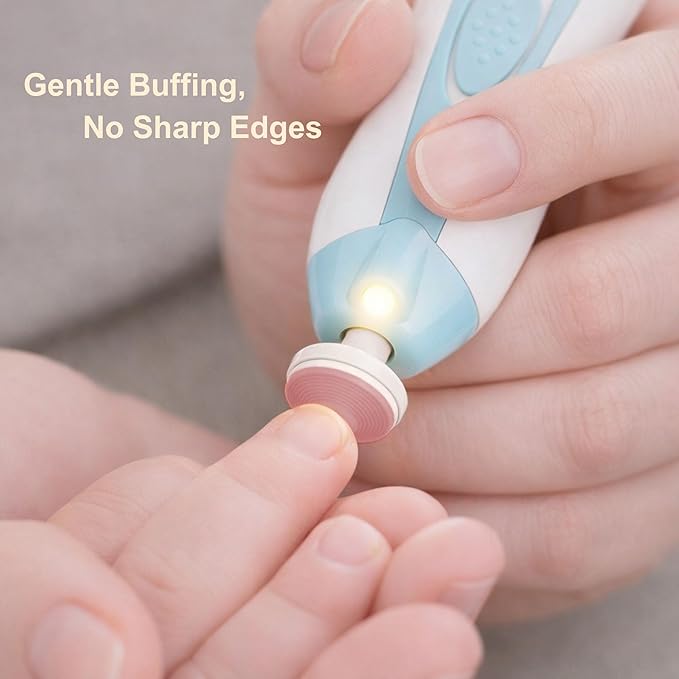 Fansidi Upgraded Baby Nail Trimmer Electric | Easy & Safe Baby Nail File, Precise 4-Stage Gentle Nail Buffer + Nail Clippers for Newborn to Toddler, with 18 Grinding Heads & Soft LED Light, Blue