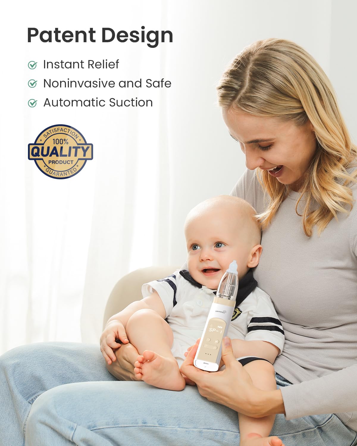 GROWNSY Nasal Aspirator for Baby, Electric Baby Nose Sucker, Automatic Nose Cleaner with Larger Suction Chamber and More Powerful Suction, Music and Light Soothing Function, Beige
