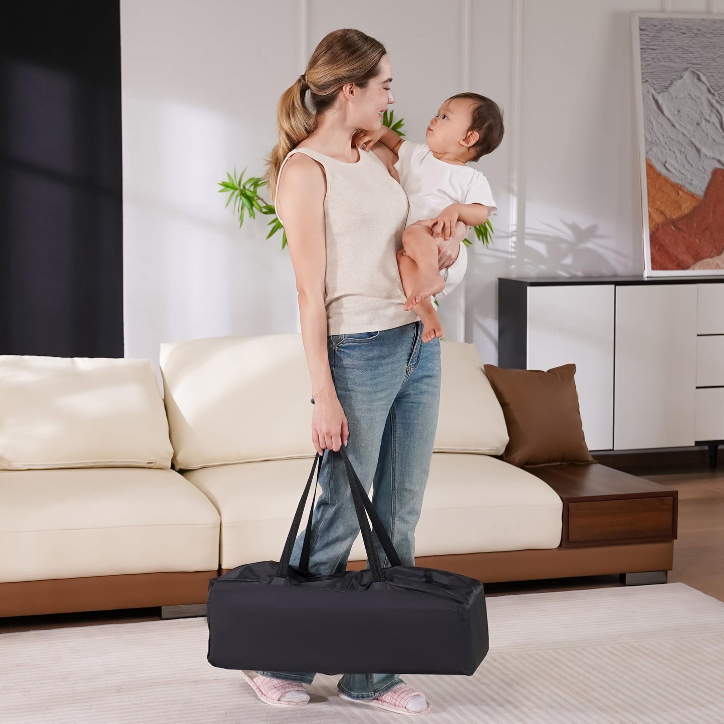 Pamo Babe Compact Pack and Play - Portable Crib for Baby, Lightweight Foldable Travel Playard with Mattress Pad & Carry Bag, Safe Breathable Travel Bed for Home, Trips & Family Visits, Pink