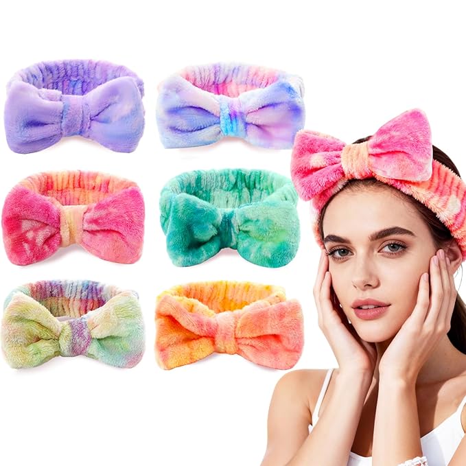 6 Pcs Spa Headband for Washing Face,Skincare Headband with Removable Bow,Furry Face wash Headbands,makeup Headbands for Women,Teen,Girls,Christmas Gifts