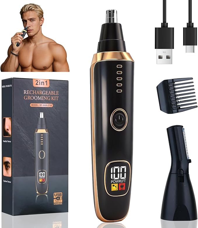 Yunmiss Nose and Ear Hair Trimmer for Men Women,2 in 1 LED Display Eyebrow Hair Trimmer with USB Rechargeable,2026 Portble Waterproof Facial Hair Removal with Dual-Edge Blades for Travel (Black)