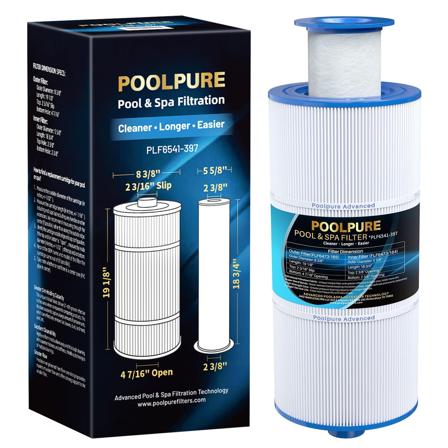 POOLPURE 6541-397 Spa Filter Cartridge Compatible with Sundance Spa Filter 880 Series, 2009-2023, Sundance 6541-397 (with Outer Filter 6473-165 and Inner Filter 6473-164), FC-2772, AK-80802, 1pack