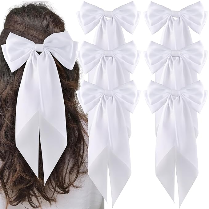 6Pcs Large Bows Hair Clips for Women Girls Long Tail Hair Ribbon Silky Satin Barrettes Coquette Bows Accessories (White)