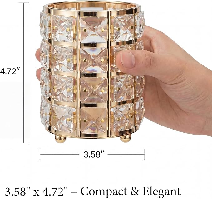 YAGELI Crystal Pen Holder for Desk, 3.58" Gold/Silver Metal Pencil Cup, Elegant Office Desk Accessories for Women, Modern Home Office Decor, Teacher Gift - Compact Vanity Makeup Brush Organizer(Gold)