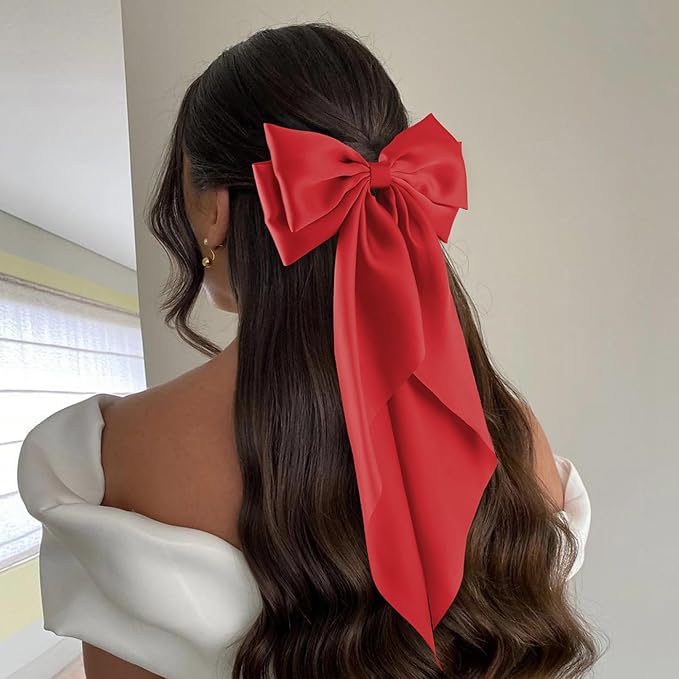 6Pcs Large Bows Hair Clips for Women Girls Long Tail Hair Ribbon Silky Satin Barrettes Coquette Bows Accessories (Red)