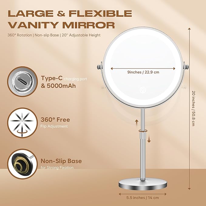 9" Makeup Mirror with Lights, 20X Vanity Mirror with Lights,3 Color Height Adjustable Lighted Makeup Mirror with Magnification, 5000mAh Rechargeable 360° Double Sided LED Mirror for Desk, Women Gift