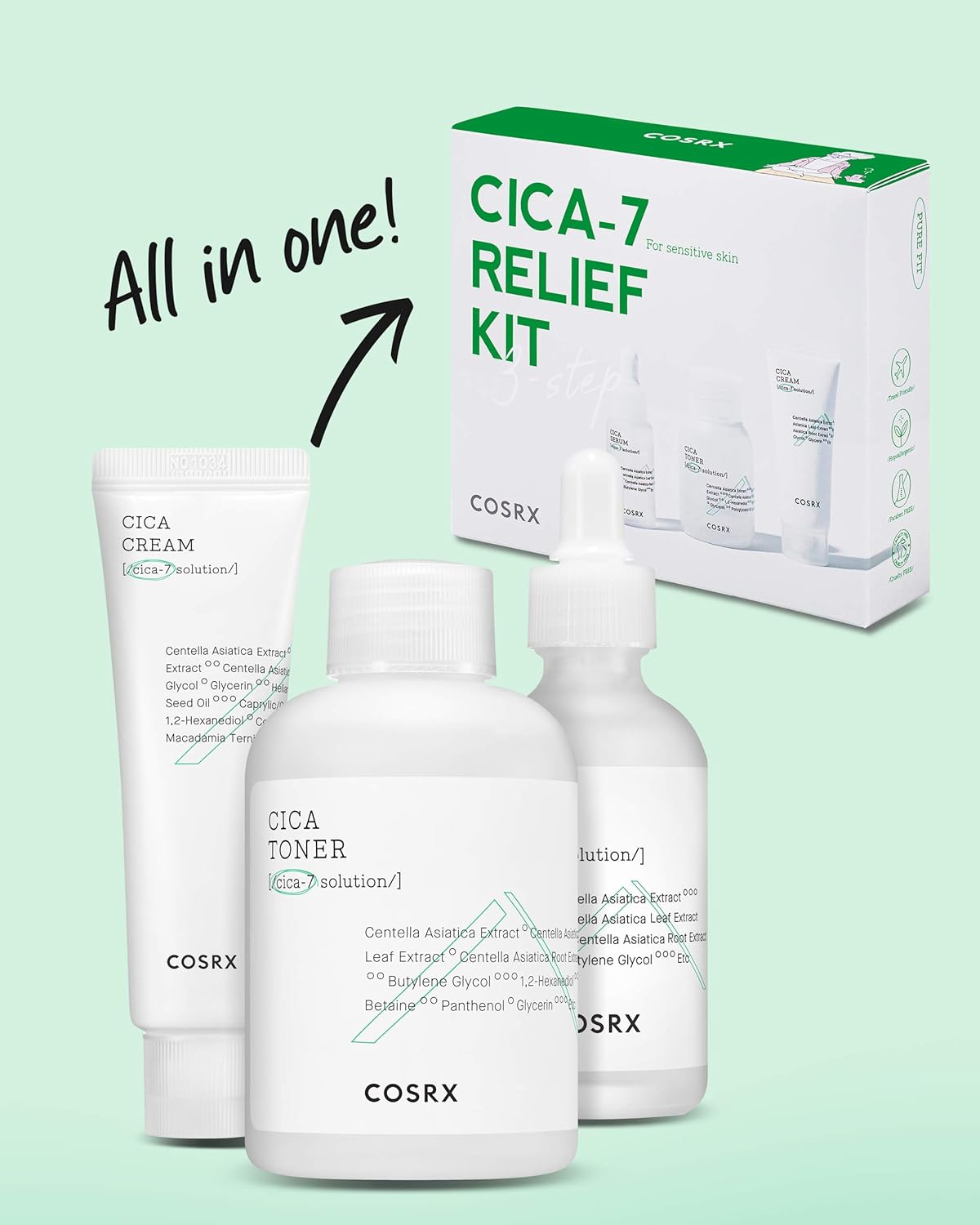 COSRX CICA Relief Kit | Toner, Serum, Cream with Centella Asiatica | Sensitive Skin, Soothing, Moisturizing | Travel Size Set, Gift Set, Korean Skincare, Not Tested on Animals, Paraben Free