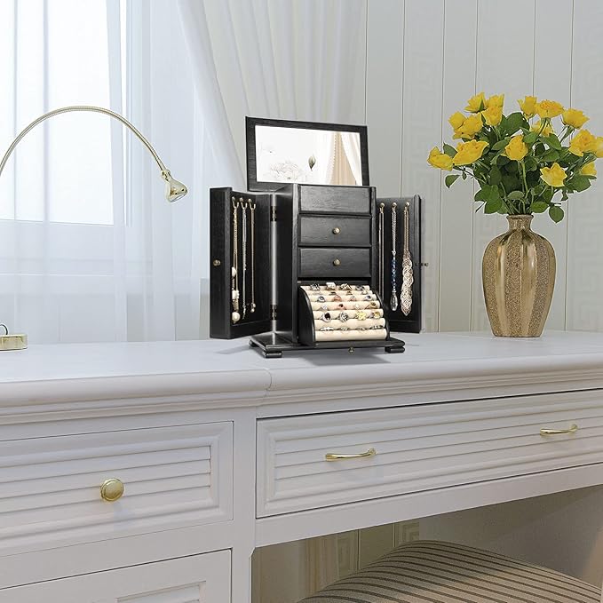 Emfogo Jewelry Box for Women, Rustic Wooden Jewelry Boxes & Organizers with Mirror, 4 Layer Jewelry Organizer Box Display for Rings Earrings Necklaces Bracelets (Black)