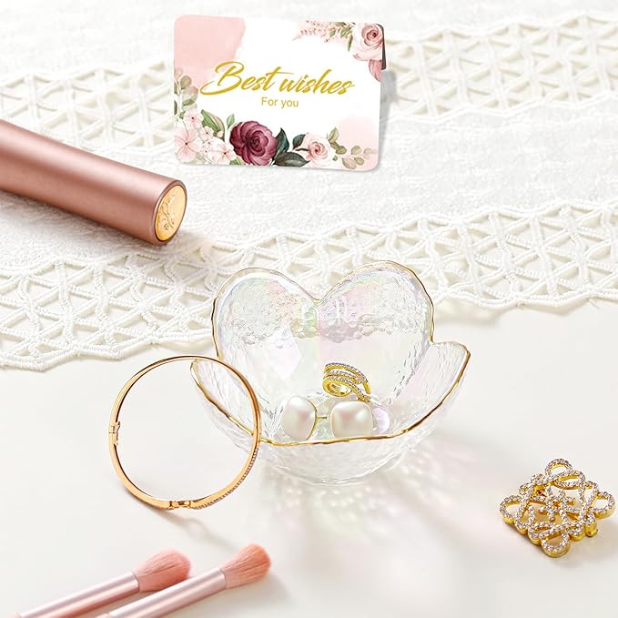 White Flower Jewelry Dish Glass Ring Dish Jewelry Tray Cute Vanity Organizer Room Decor Aesthetic Nightstand Bathroom Decor Trinket Dish Ring Holder Jewellery Tray Valentine's Birthday Gifts for Women