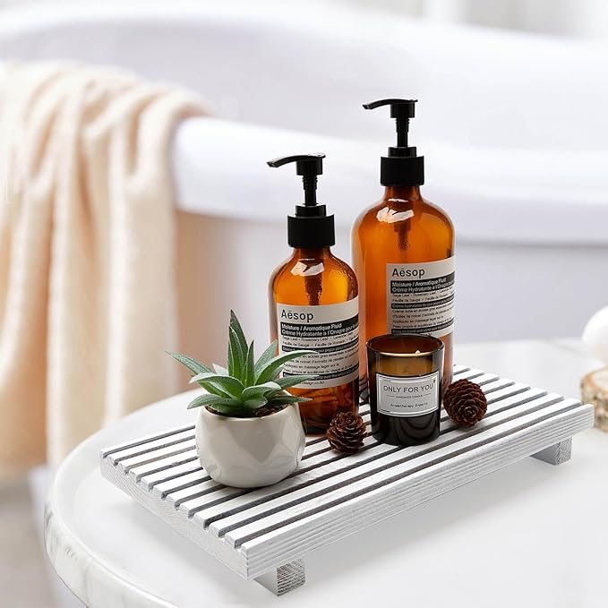 Modern White Wood Pedestal Stand for Bathroom Tray Kitchen Counter Decor Bathroom Sink Accessories Decorative Wooden Risers for Kitchen Soap Tray Vanity Bathroom Counter Decorations Dish Soap Holder