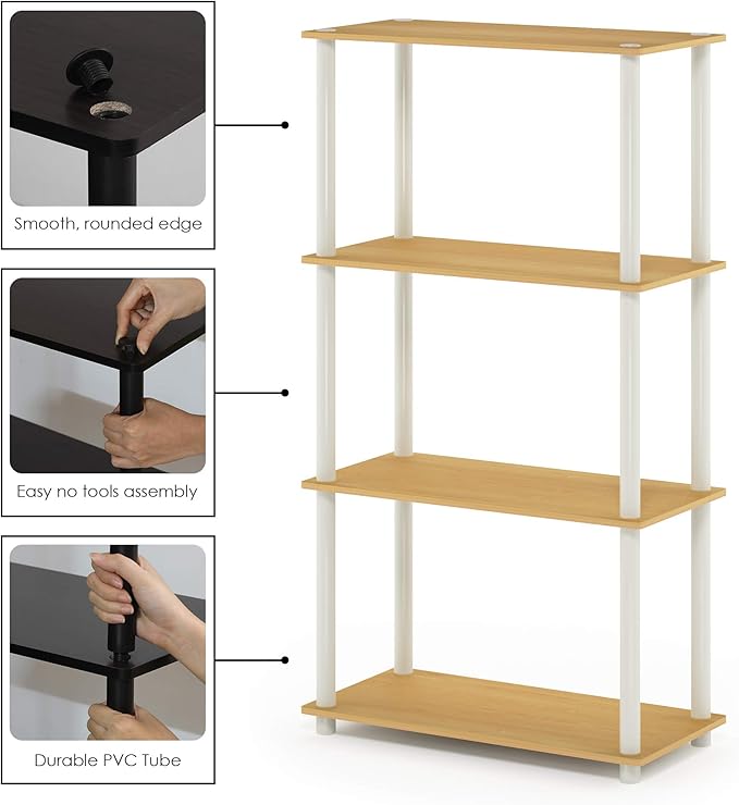 Furinno Turn-N-Tube 4-Tier Multipurpose Shelf Display Rack, Round Tubes, Blonde Maple/White