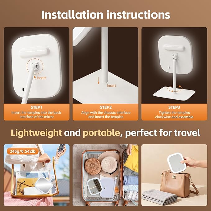 Touch-Sensitive Controls Vanity mirrorr, Makeup Mirror with LED Light, 2400mAh Rechargeable, 270-degree Rotation Adjustment,Beauty Vanity Mirror with Lights， Portable Travel, White, 3 Light Color
