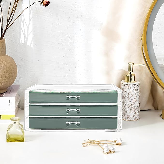 ProCase Earring Holder Organizer Jewelry Box with 3 Drawers, Acrylic Clear Earring Case with Adjustable Velvet Trays for Women - Emerald, 3 Layers