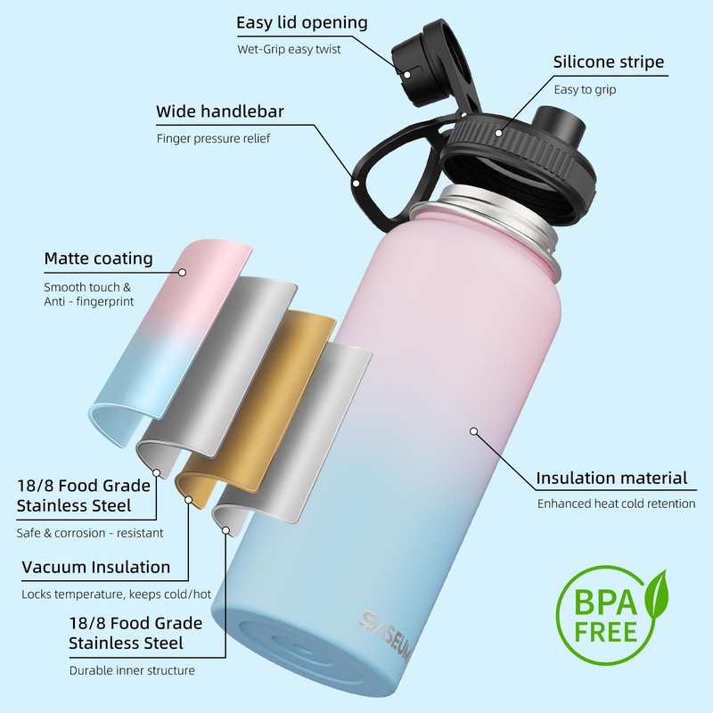 SASEUM Sport Water Bottle 32oz Stainless Steel Double Wall Vacuum Thermal Mug with Leak Proof Spout Lids, Wide Mouth Metal Insulated Water Jug for Gym and Travel（Blue Pink）