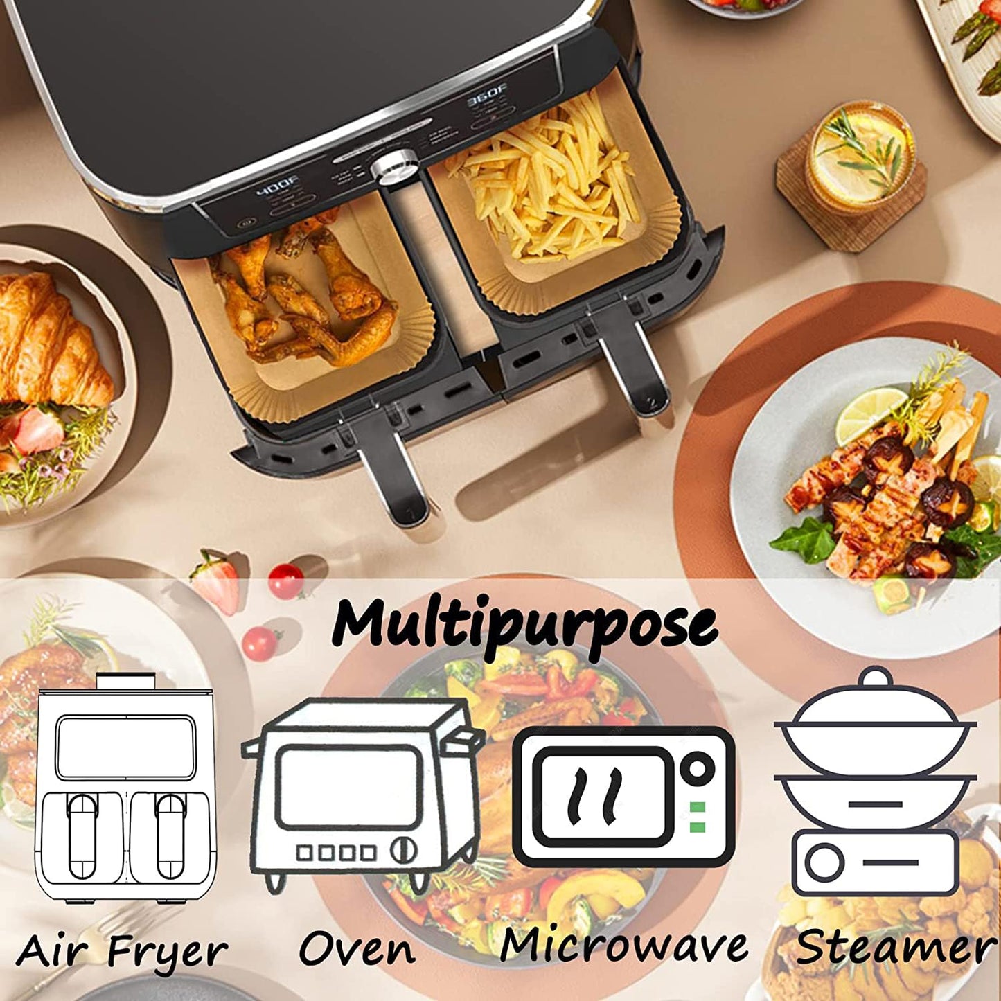 HONYAO Air Fryer Paper Liners for Dual Zone Airfryer, 200pcs 8.1x5.5 inch Rectangle Disposable Inserts for Ninja Foodi DZ201 DZ401 DZ550 other 8-10 qt 2-Basket Air Fryers, Food Grade BPA Free