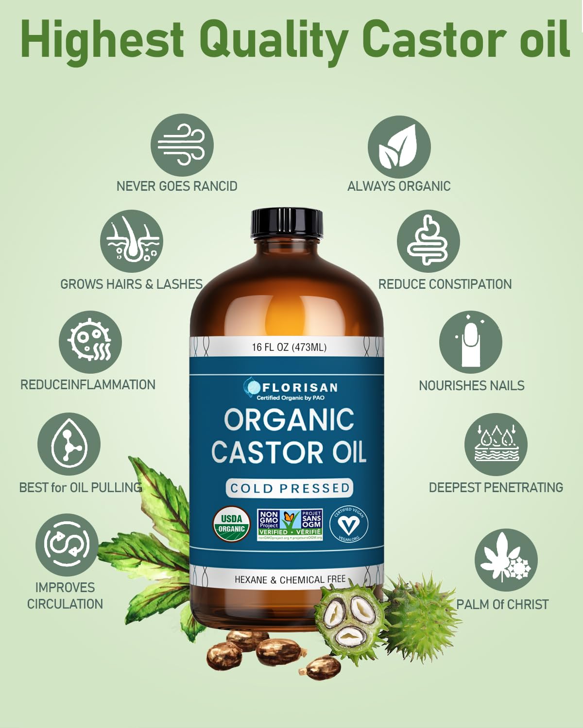Florisan Organic Castor Oil 16oz Glass Bottle, Cold Pressed, Hexane-Free, Non-GMO, 100% Pure Castor Oil for Hair Growth, Skin, Lashes, Eyebrows, EWG Verified & USDA Organic Certified