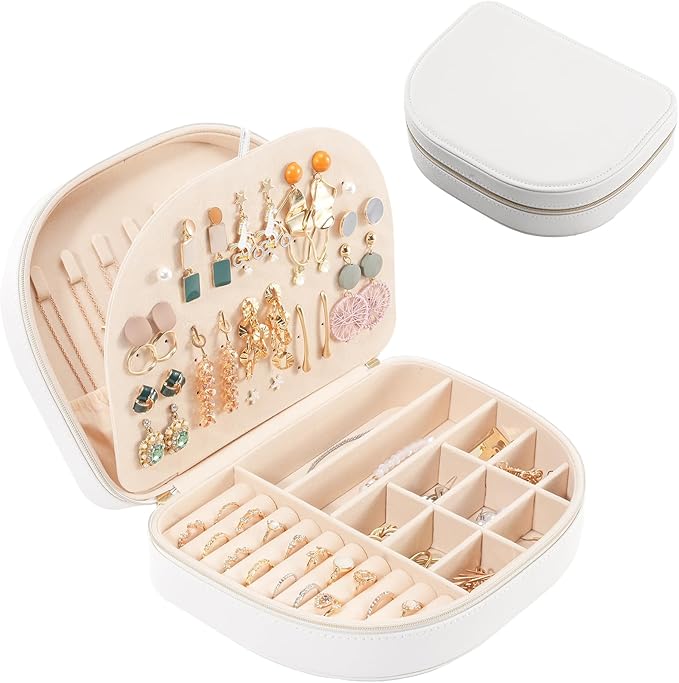 ProCase Travel Size Jewelry Box, Large Portable Seashell-Shaped Jewelry Case, 2 Layer Jewelry Organizer in PU Leather for Women -White