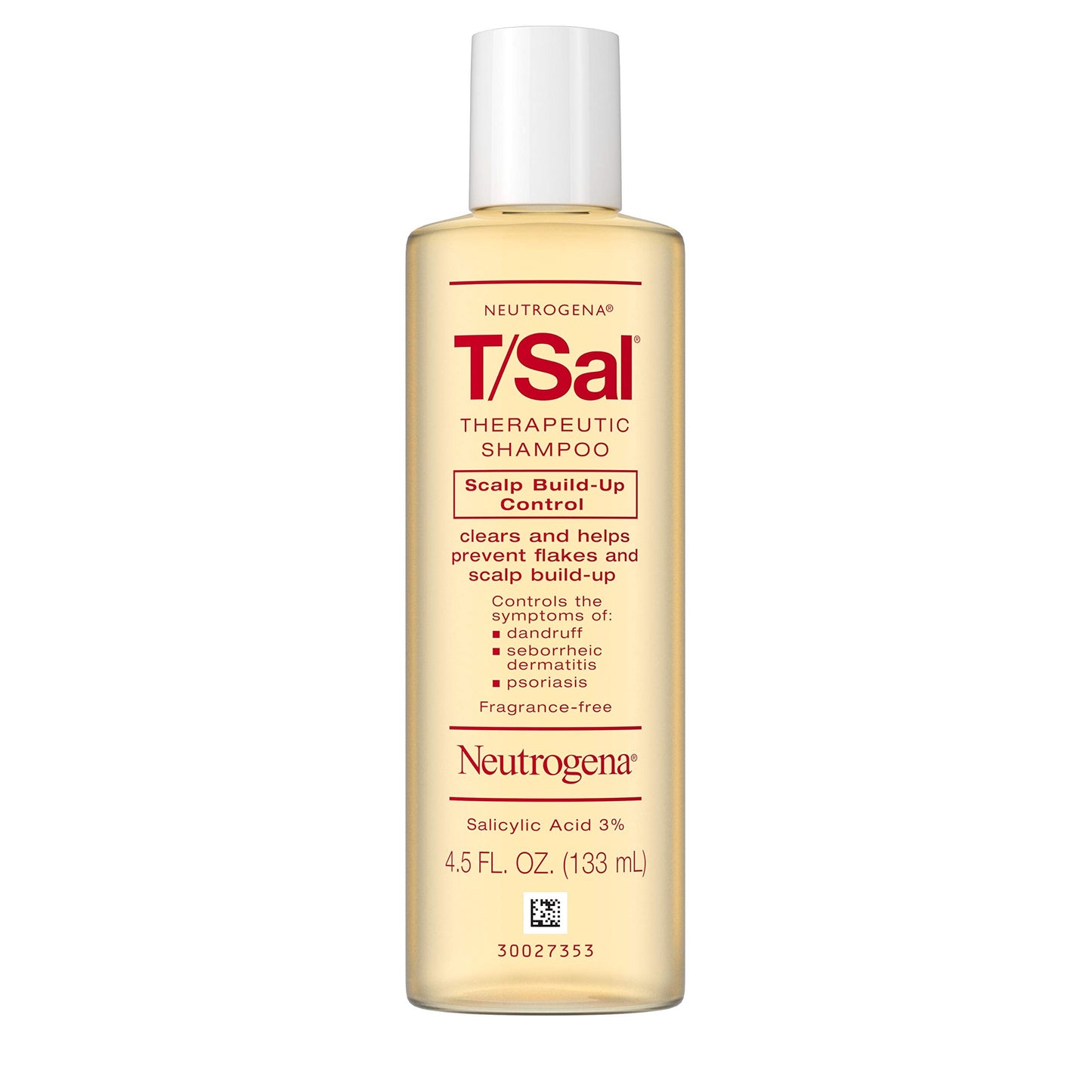 Neutrogena T/Sal Therapeutic Dandruff Shampoo,Scalp Build-Up Control,3% Salicylic Acid,Psoriasis Treatment,Seborrheic Dermatitis Shampoo,Clears Flakes,Fragrance Free,4.5 fl oz,(Pack of 4)