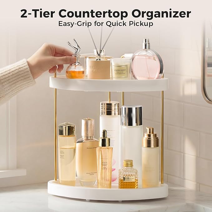 Vtopmart 2-Tier Bathroom Corner Countertop Organizer, Vanity Dresser Counter Tray Shelf for Skincare, Perfume, Makeup, Gold