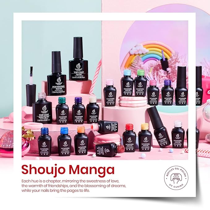 beetles Gel Polish Set, 23pcs Rainbow Gel Nail Polish Pink Orange Green Red Glitter Color with Base Glossy and Matte Top Coat Manicure Kit Shoujo Manga Soak Off Uv Led Gifts for Women